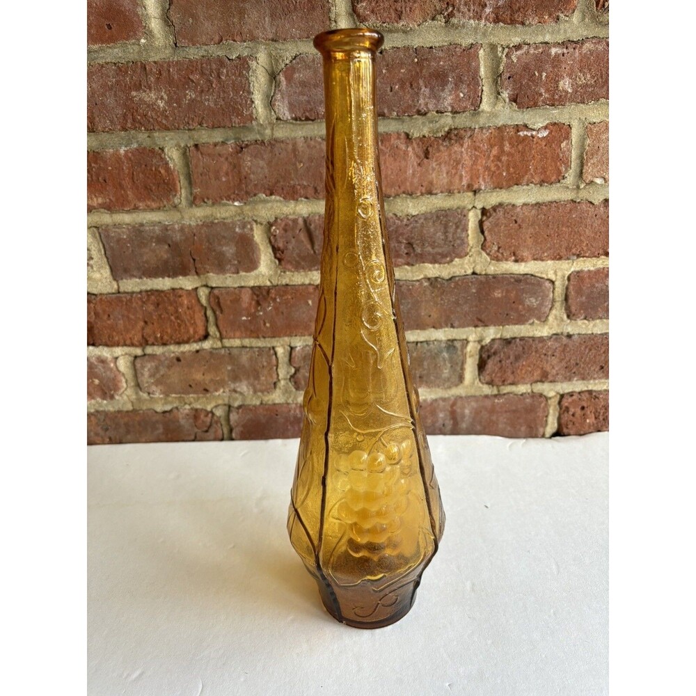 Vintage Amber Grapes Fruit Leaves MCM Italian Empoli Genie Bottle Decanter Glass